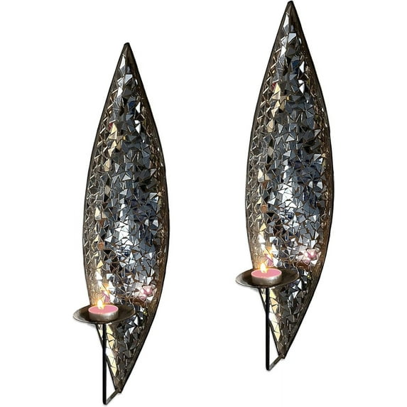 Bella Palacio” Mirrored Glass Mosaic & Metal Wall Mounted Decorative Candle Holder Wall Sconce, Set of 2 Large Size 18 in. Light Weight Wall Décor