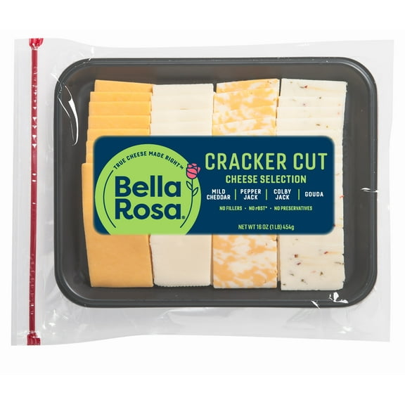 Bella Rosa Cracker Cut Cheddar, Pepper Jack, Colby Jack, and Gouda Cheese Slice Variety Pack, 1 lb Tray