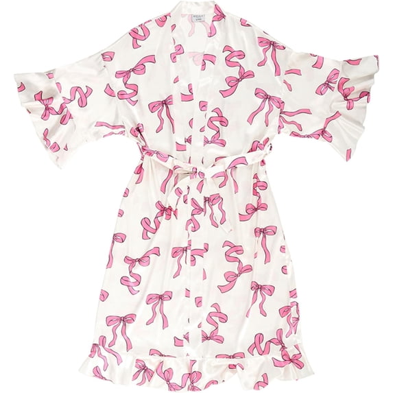 Bella Sleep + Spa Long Spa or Sleep Bath Robe For Women to Lounge and Get Ready, Polyester Satin Pink Bows S - MD
