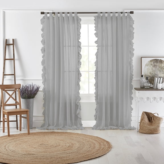 Elrene Home Fashions Bella Tab-Top Ruffle Sheer Window Curtain, Gray, 52" x 84"