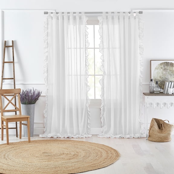 Elrene Home Fashions Bella Tab-Top Ruffle Sheer Window Curtain, White, 52" x 84"