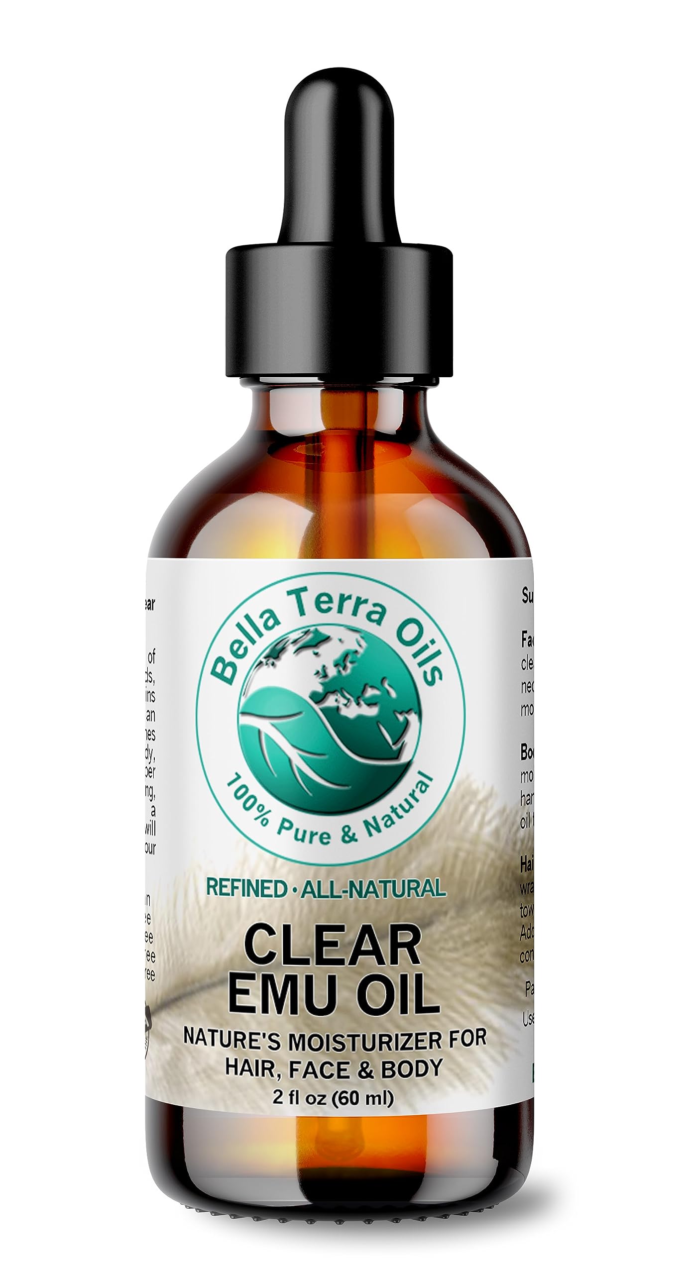 Bella Terra Oils Clear Emu Oil 2 oz Pure Emu Essence, Rich in Omega