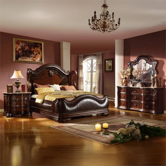 Bella Traditional Style King 4 PC Bedroom Set Made with Wood in Dark Walnut
