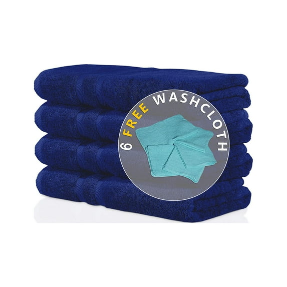 Bella Vista Bath Towels 4 Pc Set With Free 6 Washcloths- Plush, Soft and Absorbent, Pack of 4 Towels- 27 x 54 Inches- Virgin Ring Spun Cotton. By Cotton Homes(Set Of 4 Piece Bath Towels, Navy Blue)