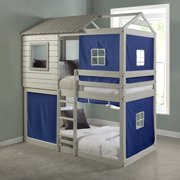 Bella Vista Grey Solid Pine Wood Kids Junior Twin Over Twin Standard Loft Bunk Bed (Blue Tent)