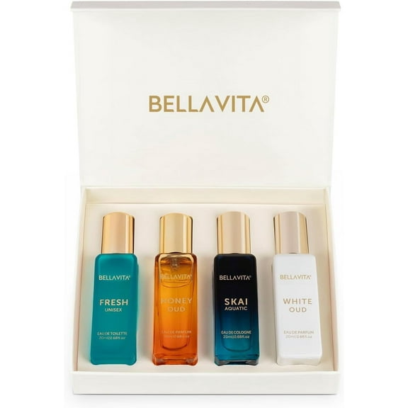 Bella Vita Organic Unisex Luxury Perfume Gift Set 4x20 ML For Men & Women | SKAI | FRESH | WHITEOUD | PATCHOULI | Luxury Scent with Long Lasting Fragrance Eau De Parfum