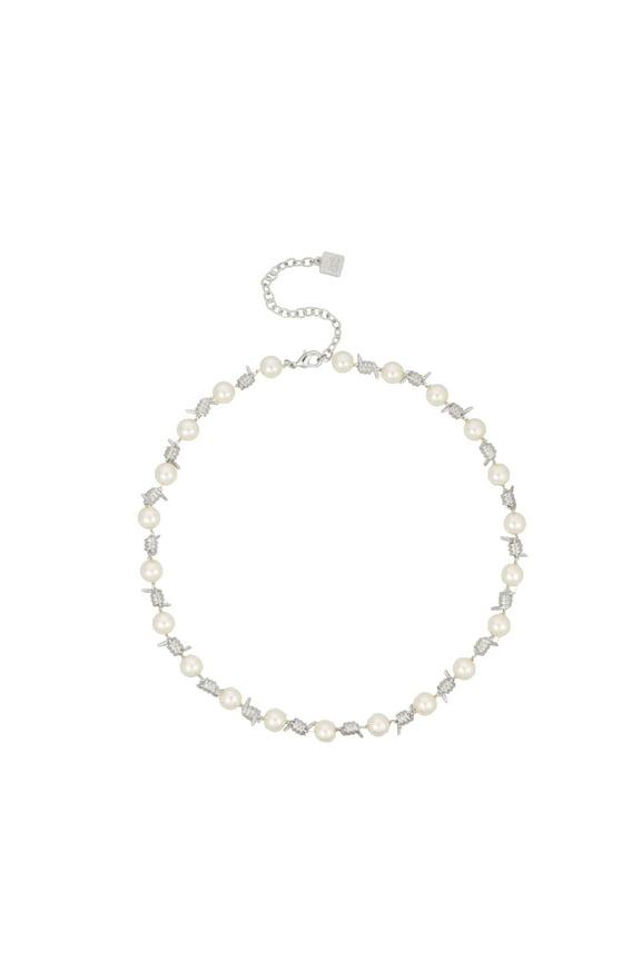 8mm Pearl x Barb Adult Necklace,Silver