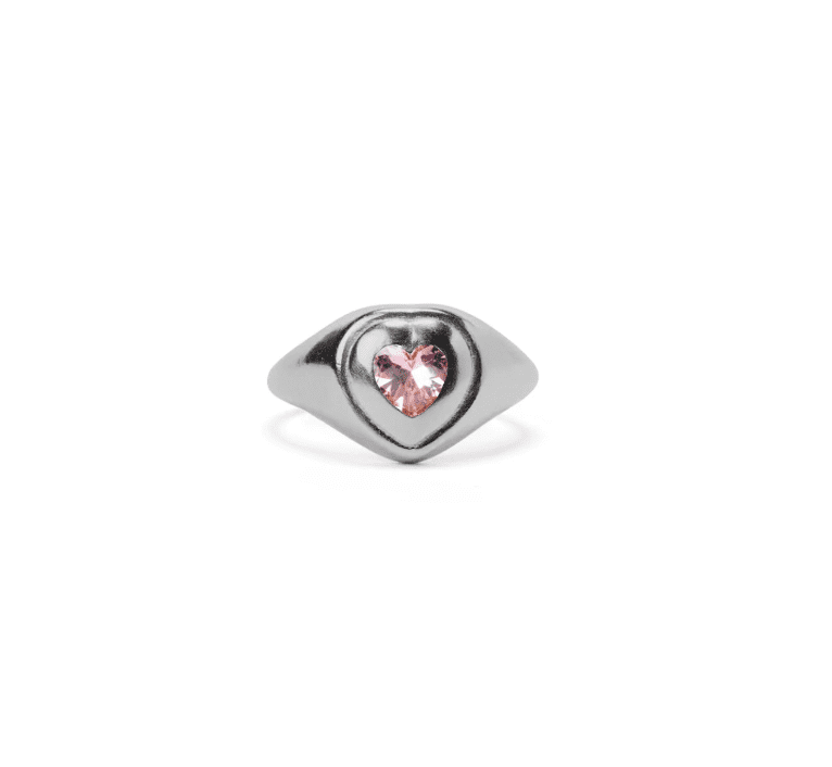 Bella by Thorne Cute Heart Signet Adult Ring, Silver/Pink- 7, (Unisex)