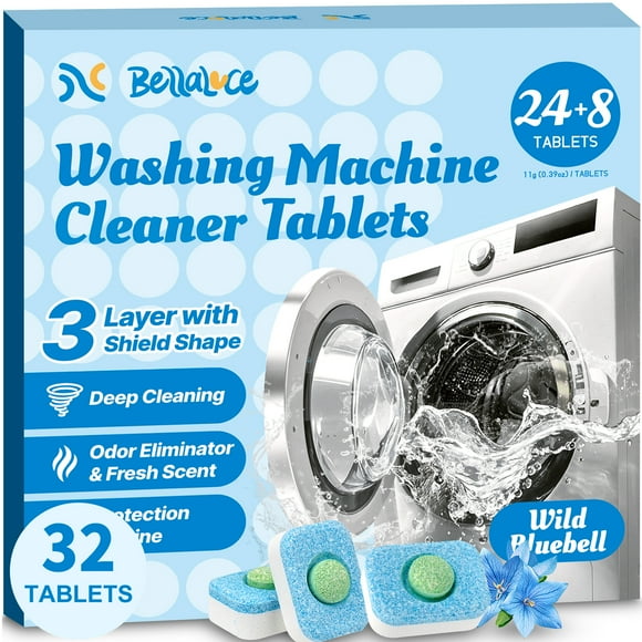 BellaLuce Washing Machine Cleaning Tablets - 32 Pack Wild Bluebell Scent Washer Cleaner, Deep Clean & Deodorizing Effervescent