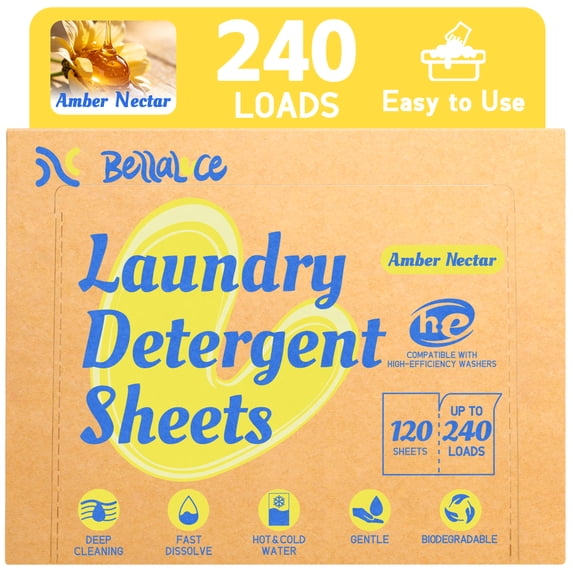 BellaLuce Laundry Detergent Sheets, 120 Count, Amber Nectar Scent, Powerful Stain Remover, Plastic-Free Portable Laundry Sheets for Home, Travel, Dorm