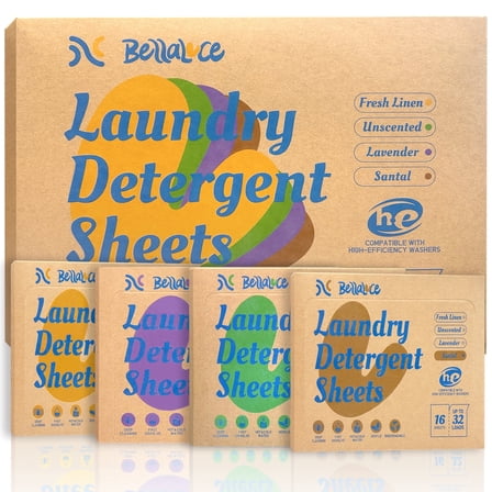 BellaLuce Laundry Detergent Sheets - 4 Scented 128 Loads Travel Set, Fresh Linen, Lavender, Santal and Unscented