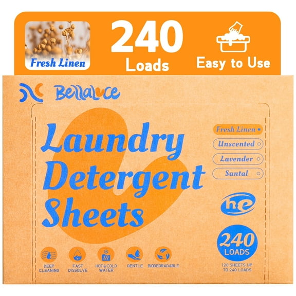 BellaLuce Laundry Detergent Sheets, Fresh Linen Scent, 240 Loads (120 Count)