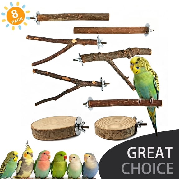 BellaNotes 8Pcs Bird Perch Set for Cage, Natural Apple Wood Platforms & Hardwood Branches for Parakeets, Budgies, Cockatiels, Small Bird Habitat Gym Climbing Stand Safe Chew Toys