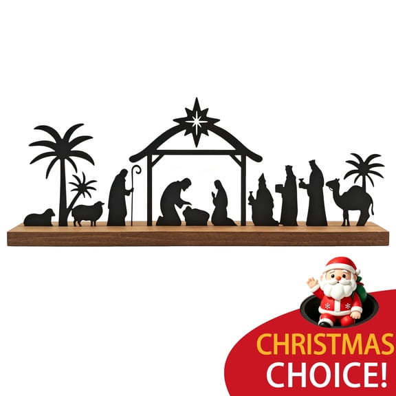 BellaNotes Metal Nativity Scene Desktop, Black Nativity Set for Christmas Nativity Set and Figures with Wood Base, Christmas Shelf Decor Indoor, Home Table Mantel Display, Easy to Assemble, Xmas Gift