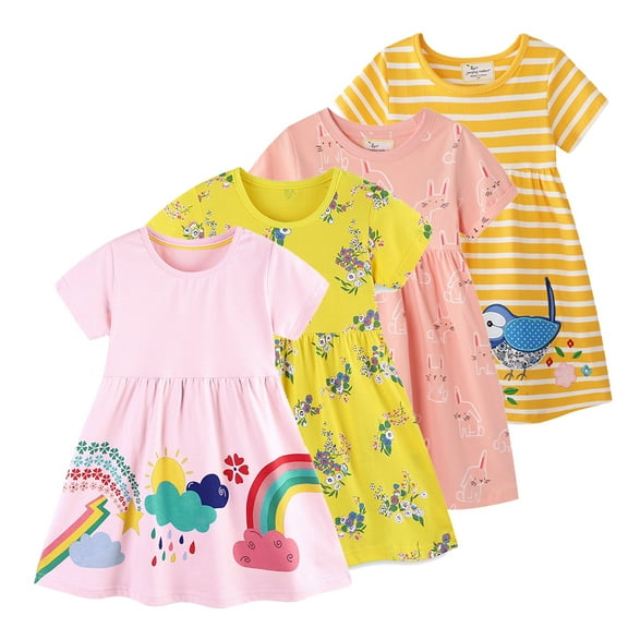 Bellafa 100% Cotton Cartoons Applique Jersey Dress For 2-7 Years Little Girls Summer Short Sleeve Dresses 2T Toddler Rainbow Dress