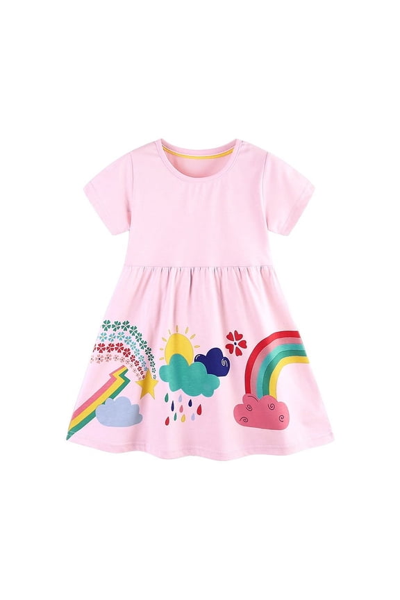 100% Cotton Cartoons Applique Jersey Dress For 2-7 Years Little Girls Summer Short Sleeve Dresses 2T Toddler Rainbow Dress