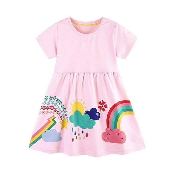 Bellafa 100% Cotton Cartoons Applique Jersey Dress For 2-7 Years Little Girls Summer Short Sleeve Dresses 2T Toddler Rainbow Dress
