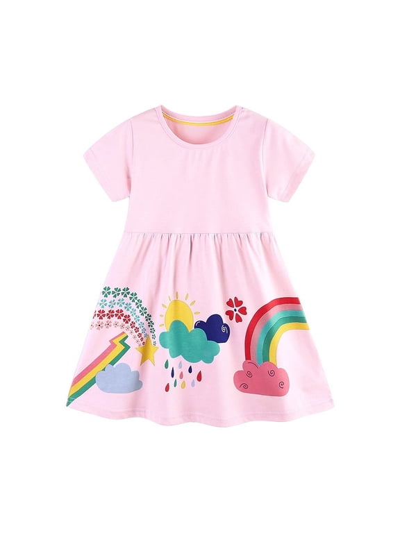 100% Cotton Cartoons Applique Jersey Dress For 2-7 Years Little Girls Summer Short Sleeve Dresses 2T Toddler Rainbow Dress