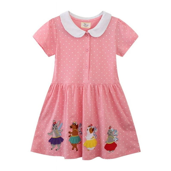 Bellafa 100% Cotton Jersey Dress For Toddler Little Girls Summer Short Sleeve Dress Cartoons Applique Polo Dresses 2T