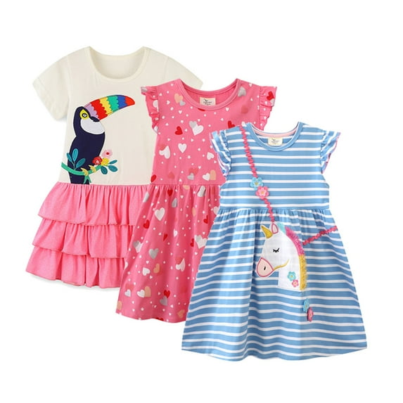 Bellafa 100% Cotton Toddler Little Girl's Ruffled Sleeve Skater For 2-7 Years Kids Casual Sundress -Love 2T