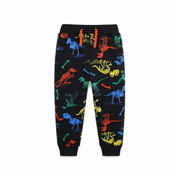 Bellafa 2-7 Years Boys Elastic Waist Cotton Sweatpants Dinosaur Applique Graphic Toddler Kids Jogger Pants with Pocket Drawstring