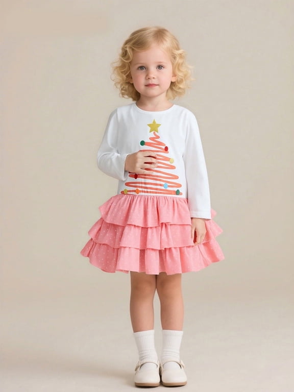 2-7T Girls Cotton Long Sleeve Casual Cartoon Appliques Jersey Dresses Toddler Kids School Party Dress Easter Christmas Gift