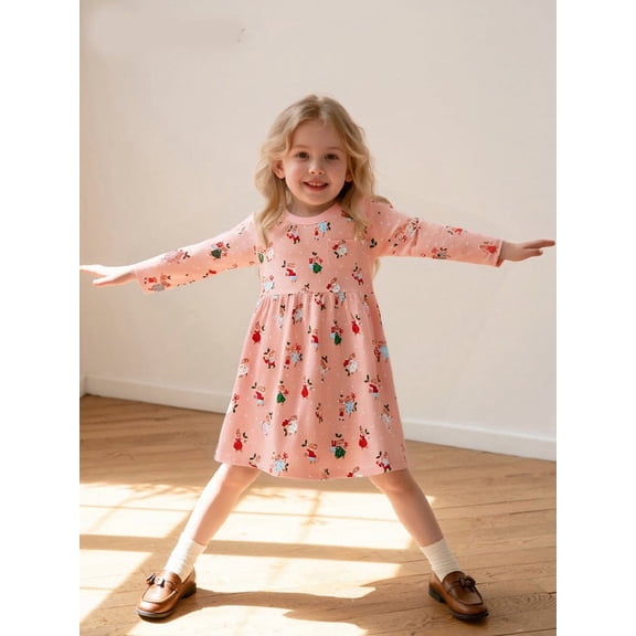 Bellafa 2-7T Girls Cotton Long Sleeve Casual Cartoon Appliques Jersey Dresses Toddler Kids School Party Dress Easter Christmas Gift