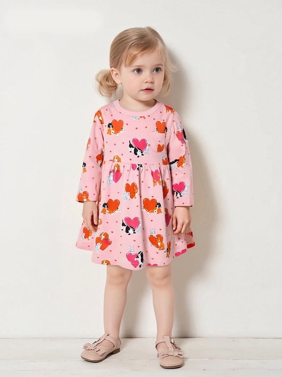 2-7T Girls Cotton Long Sleeve Casual Cartoon Appliques Jersey Dresses Toddler Kids School Party Dress Easter Christmas Gift