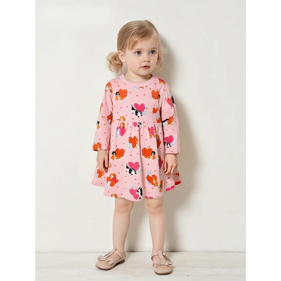 Bellafa 2-7T Girls Cotton Long Sleeve Casual Cartoon Appliques Jersey Dresses Toddler Kids School Party Dress Easter Christmas Gift
