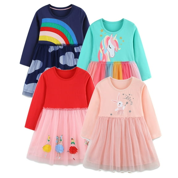 Bellafa 2-7T Girls Tulle Dresses Toddler Long Sleeve Sparkle Tutu Dress Kids Applique Party Dresses Christmas Gifts