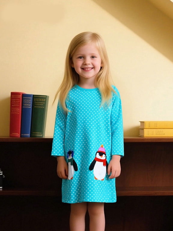 2-7T Little Girls Long Sleeve Dress Toddler Kids Christmas Easter Cotton Casual Appliques Shirt Jersey Dresses