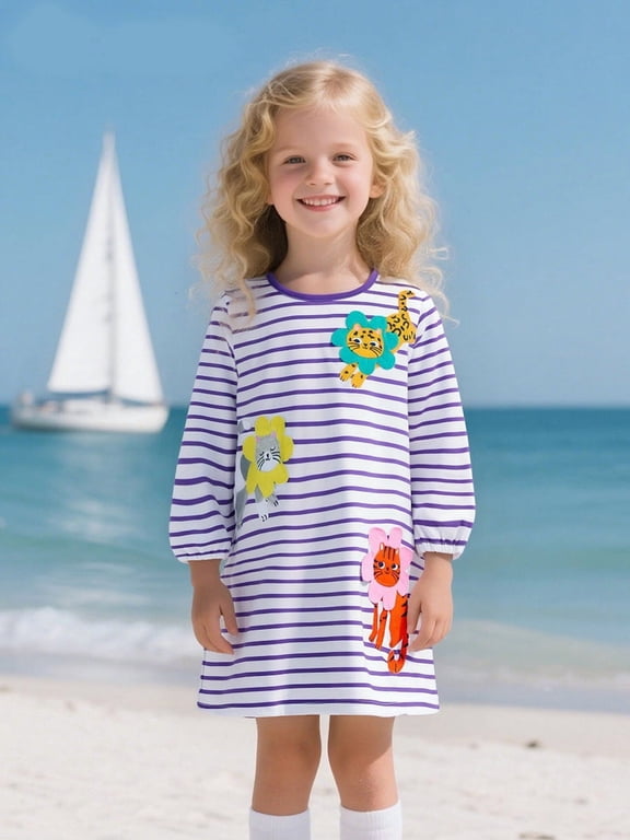 2-7T Little Girls Long Sleeve Dress Toddler Kids Christmas Easter Cotton Casual Appliques Shirt Jersey Dresses