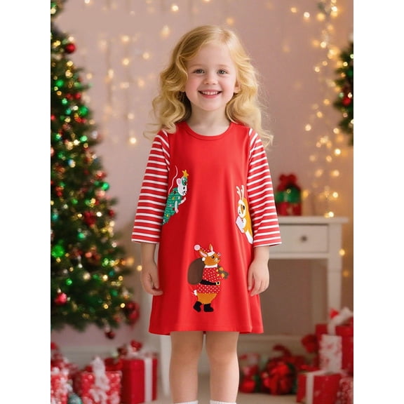 Bellafa 2-7T Little Girls Long Sleeve Dress Toddler Kids Christmas Easter Cotton Casual Appliques Shirt Jersey Dresses