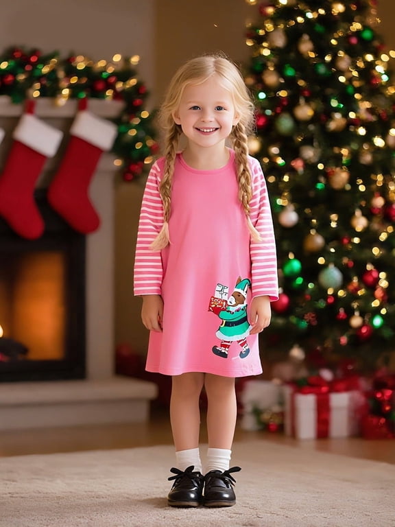 2-7T Little Girls Long Sleeve Dress Toddler Kids Christmas Easter Cotton Casual Appliques Shirt Jersey Dresses