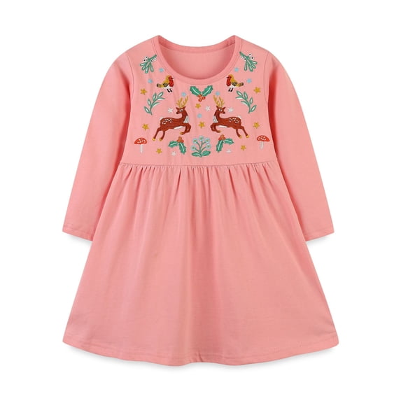 Bellafa 2-7T Little Girls Long-Sleeved Dresses Toddler Pink Cotton Dress Cartoons Fall Winter Christmas Dresses-Deer
