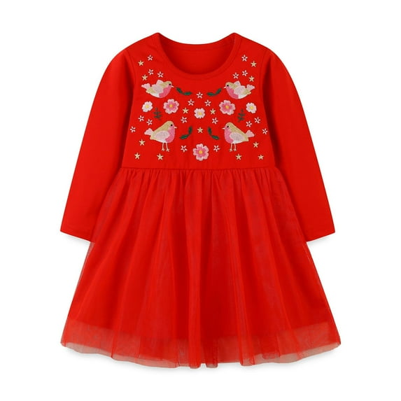 Bellafa 2-7T Little Girls Long-Sleeved Dresses Toddler Red Tutu Dress Cartoons Fall Winter Christmas Dresses-Bird