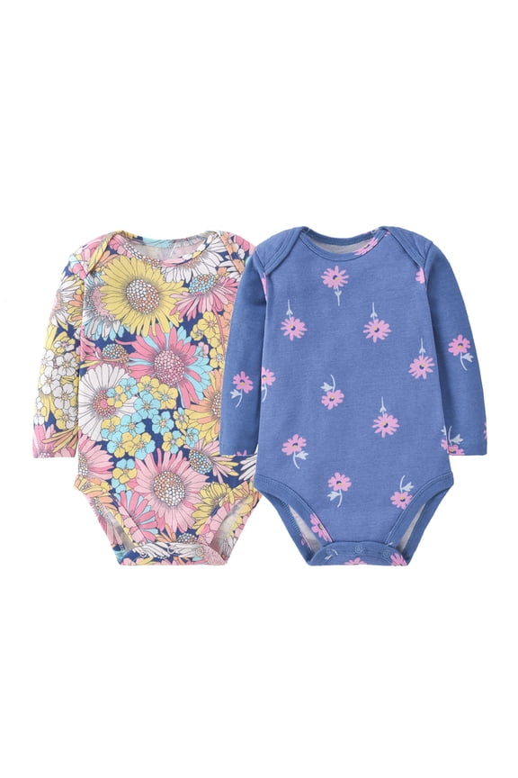 2-pack Long Sleeve Bodysuits One-piece 100% Organic Cotton for Infant Girls Floral Unicorn Onesies Baby Romper