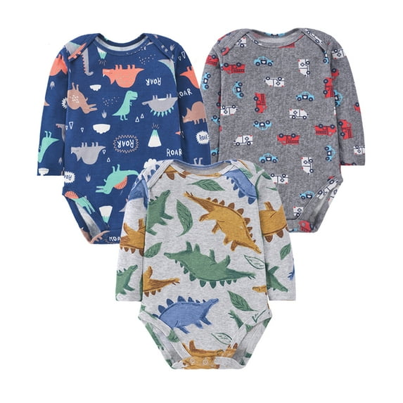 Bellafa 3-Pack Baby Boys Long Sleeve Bodysuit Dinosuar Truck Baby Romper Infant Boy's Sung Fit Cotton Onesies
