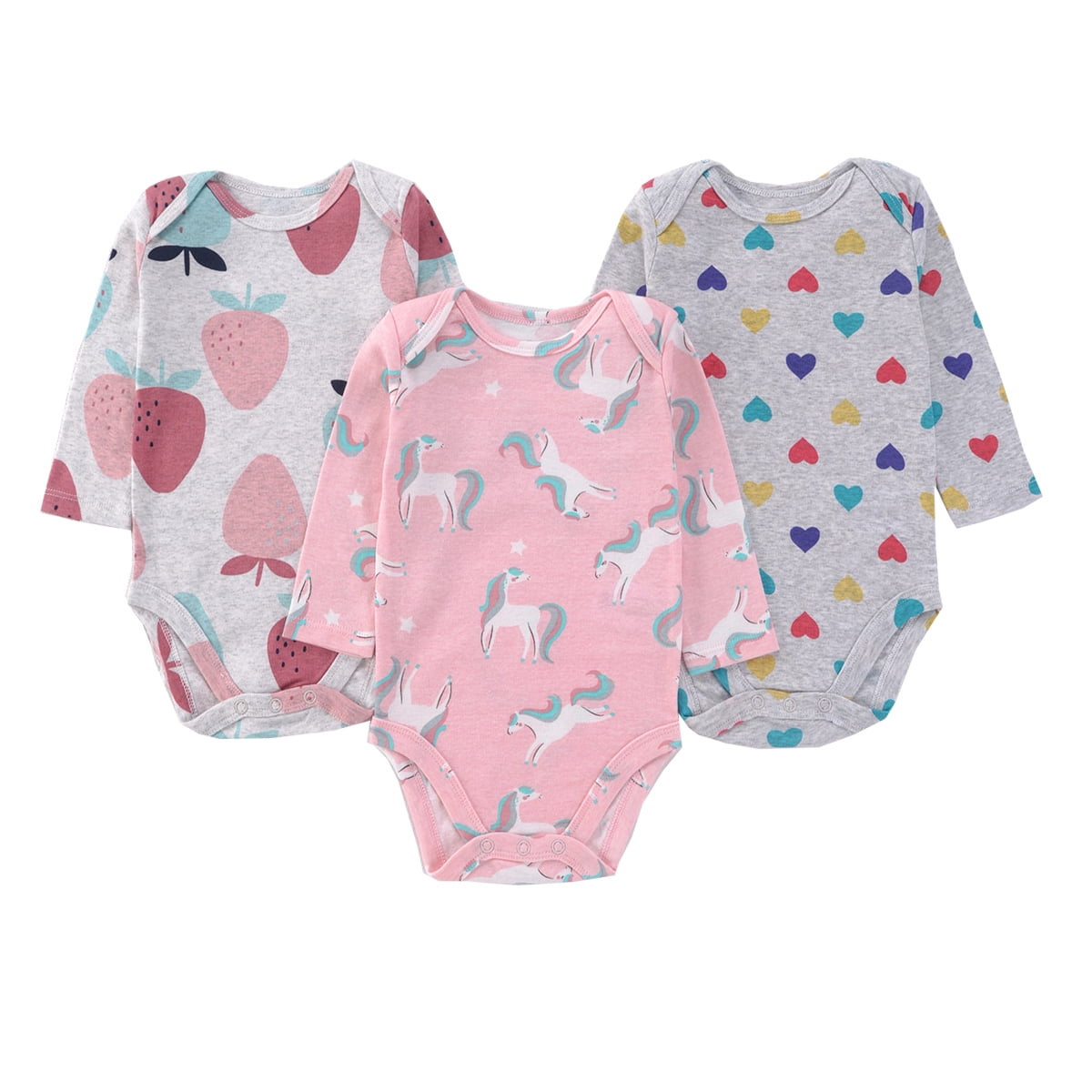 Bellafa 3-pack Long Sleeve Bodysuits One-piece 100% Organic Cotton for Infant Girls Floral Unicorn Onesies Baby Romper