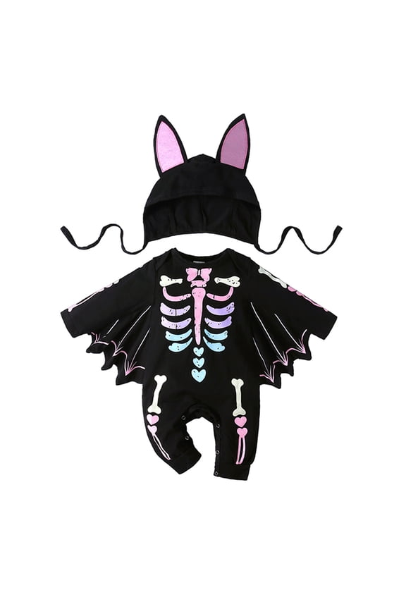 Baby Bat Wings My 1st Halloween Outfit Skeleton Newborn Baby Boy Girl Black Bat Bodysuit Long Sleeve Romper With Hats-1pcs