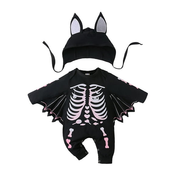 Bellafa Baby Bat Wings My 1st Halloween Outfit Skeleton Newborn Baby Boy Girl Black Bat Bodysuit Long Sleeve Romper With Hats