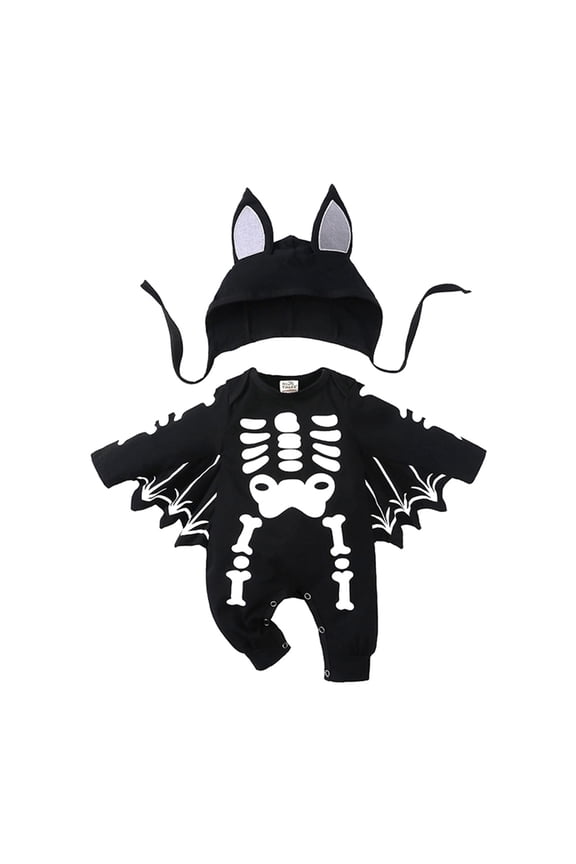 Baby Bat Wings My 1st Halloween Outfit Skeleton Newborn Baby Boy Girl Black Bat Bodysuit Long Sleeve Romper With Hats