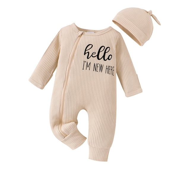 Bellafa Baby Boy Girl Long Sleeve Ribbed Romper with Mittens Cuffts Newnorn Boy Zipper Footie Jumpsuit   Hat 2PCS Fall Winter Clothes