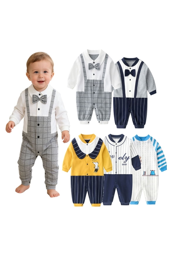 Baby Boy Long Sleeve Gentleman Romper Infant Cotton Bowtie Tuxedo Onesie Newborn Party Wedding Jumpsuit 0-12M