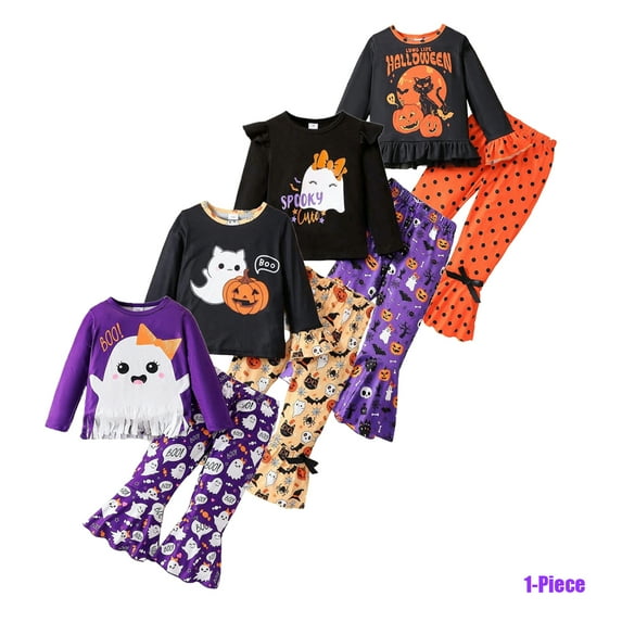 Bellafa Baby Girl Halloween Outfit Ruffle Long Sleeve Crew Neck Pumpkin Ghost Print Tops Shirt+ Bell Bottoms Toddler Fall Outfits-1PCS