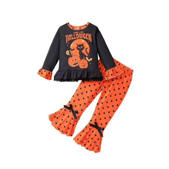 Bellafa Baby Girl Halloween Outfit Ruffle Long Sleeve Crew Neck Pumpkin Ghost Print Tops Shirt  Bell Bottoms Toddler Fall Outfits