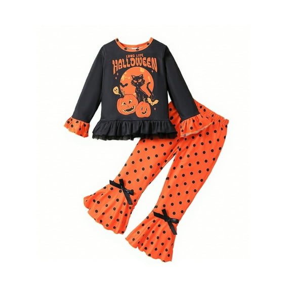 Bellafa Baby Girl Halloween Outfit Ruffle Long Sleeve Crew Neck Pumpkin Ghost Print Tops Shirt+ Bell Bottoms Toddler Fall Outfits