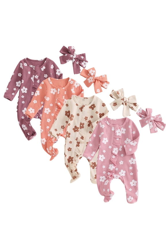 Baby Girls Footies Ruffle Zip Up Onesie Romper Newborn Infant Floral Knit Jumpsuit with Headbant 2 Piece Coming Home Outfits