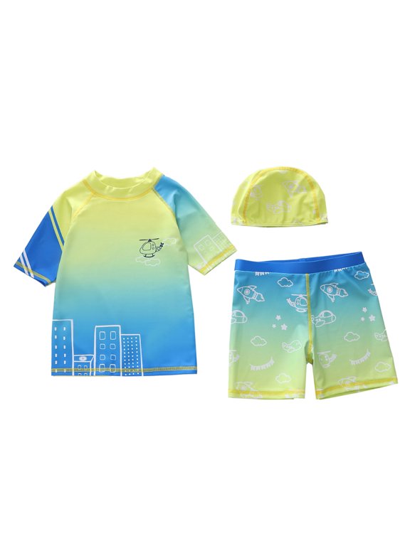 Boys Two Piece Rash Guard Swimsuits Set with Swim Trunk Kids Short Sleeve Bathing Suit Swimwear Set With Hat