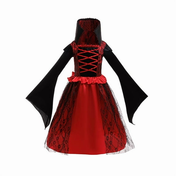 Bellafa Children Vintage Halloween Vampire Dress Toddler Kids Queen Halloween Dress Up Party Cosplay Witch Long Dresses 5-8 Years